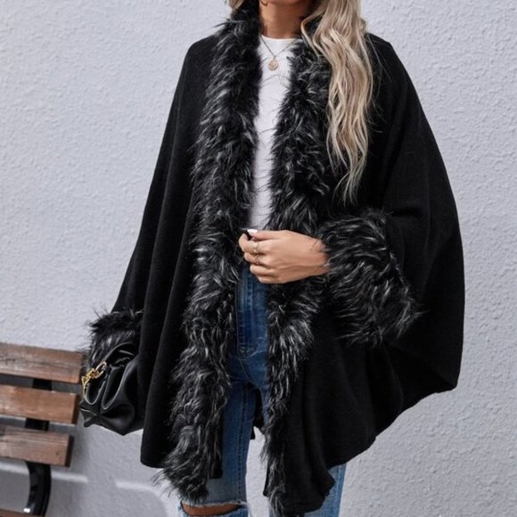 Sweaters - Classic Black faux Fur trim Cardigan
